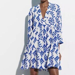Zara Blue White Bold Print Tiered Swing Dress Sz M